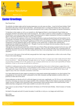 Easter Greetings Dear Parent/Carer