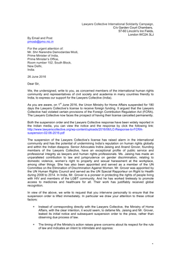 Lawyers Collective International Solidarity Campaign, C/O Garden Court Chambers, 57-60 Lincoln's Inn Fields, London WC2A 3LJ by Email and Post Pmosb@Pmo.Nic.In