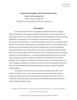 Synchrotron Facilities and Free Electron Lasers Introduction