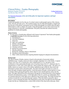 Clinical Policy: Fundus Photography Reference Number: CP.VP.29 Coding Implications Last Review Date: 05/2020 Revision Log