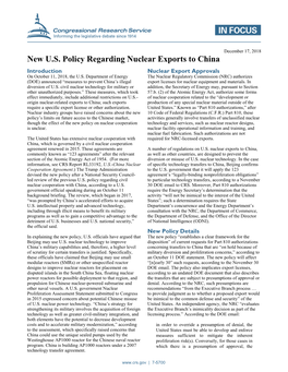 New U.S. Policy Regarding Nuclear Exports to China Introduction Nuclear Export Approvals on October 11, 2018, the U.S