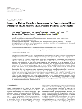 Research Article Protective Role of Tangshen Formula on the Progression of Renal Damage in Db/Db Mice by TRPC6/Talin1 Pathway in Podocytes