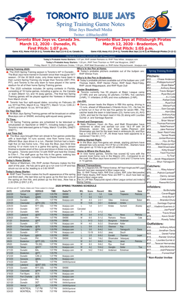 TORONTO BLUE JAYS Spring Training Game Notes Blue Jays Baseball Media Twitter: @Bluejaysbm Toronto Blue Jays Vs