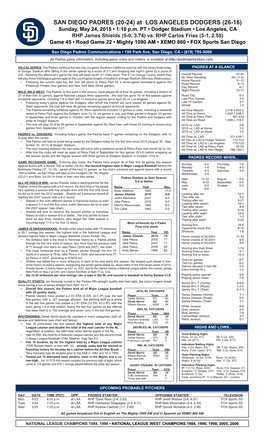 SAN DIEGO PADRES (20-24) at LOS ANGELES DODGERS (26-16) Sunday, May 24, 2015 • 1:10 P.M