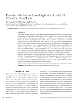 Evaluation of the Safety of External Application of Herbal Oil (“Gidan”) on Horses’ Limbs Savariego, G., Tatz, J.A., Segev, G., Kelmer, G