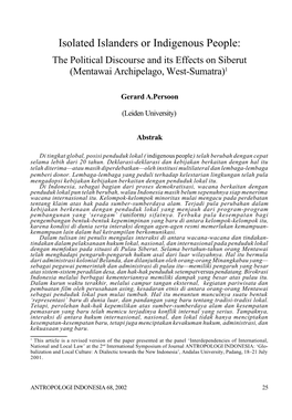 Isolated Islanders Or Indigenous People: the Political Discourse and Its Effects on Siberut (Mentawai Archipelago, West-Sumatra)1