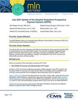 July 2021 Update of the Hospital Outpatient Prospective Payment System (OPPS)