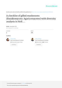 A Checklist of Gilled Mushrooms (Basidiomycota: Agaricomycetes) with Diversity Analysis in Holl