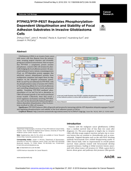 PTPN12/PTP-PEST Regulates Phosphorylation- Dependent Ubiquitination and Stability of Focal Adhesion Substrates in Invasive Glioblastoma Cells Zhihua Chen1, John E