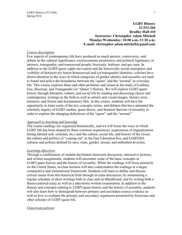 LGBT History 21:512:204 Bradley Hall 410 Instructor: Christopher Adam Mitchell Monday/Wednesday: 10:00 A.M.-11:20 A.M