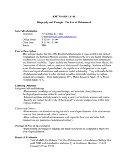 EMT3101HS L0101 Biography and Thought: the Life of Muhammad