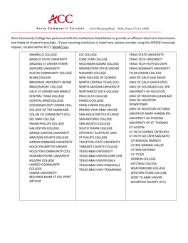 Alvin Community College Has Partnered with the Institutions Listed Below to Provide an Efficient Electronic Transmission and Intake of Student Transcripts