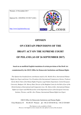 The Draft Act on the Supreme Court of Poland (As of 26 September 2017) TABLE of CONTENTS