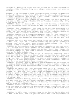 LEGISLATIVE RESOLUTION Paying Grateful Tribute to the Distinguished and Remarkable Life of Eartha Kitt, Noted Singer, Entertainer and Anti-War Activist