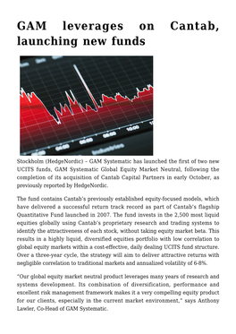 GAM Leverages on Cantab, Launching New Funds