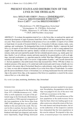 Present Status and Distribution of the Lynx in the Swiss Alps
