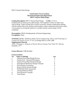 ER371 Nuclear Plant Design United States Naval Academy Mechanical