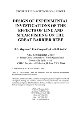 Design of Experimental Investigations of the Effects of Line and Spear Fishing on the Great Barrier Reef