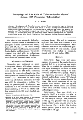 Embryology and Life Cycle of Tylenchorhynchus Claytoni Steiner, 1937 (Nematoda: Tylenchoidea) 1