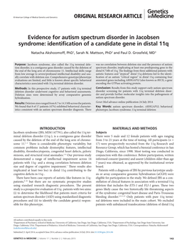 Evidence for Autism Spectrum Disorder in Jacobsen Syndrome: Identification of a Candidate Gene in Distal 11Q