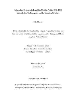 Referendum Discourse in Republic of Srpska Politics 2006- 2008: an Analysis of Its Emergence and Performative Structure