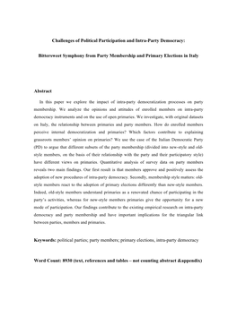 Challenges of Political Participation and Intra-Party Democracy