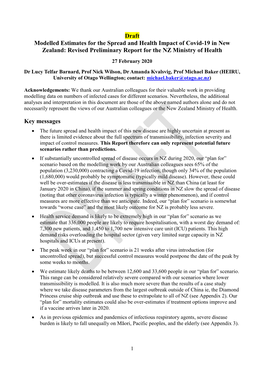 Modelled Estimates for the Spread and Health Impact of Covid-19 In