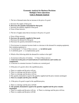 Economic Analysis for Business Decisions Multiple Choice Questions Unit-2: Demand Analysis