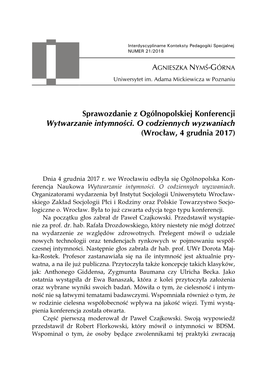 Sprawozdanie Z Ogólnopolskiej Konferencji Wytwarzanie Intymności