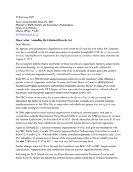 19 February 2020 the Honourable Bill Blair, PC, MP Minister of Public Safety and Emergency Preparedness House of Commons Ottawa on K1A 0A6 Bill.Blair@Parl.Gc.Ca