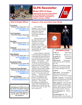 GLPA Newsletter Winter 2012-13 Issue Published by the Great Lakes Chapter of the United States Coast Guard Academy Parents’ Association in August, January, and May