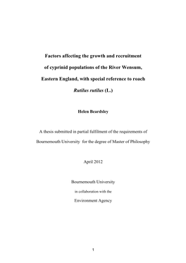 Factors Affecting the Growth and Recruitment of the Roach Rutilus Rutilus Population of the River Wensum, Eastern England