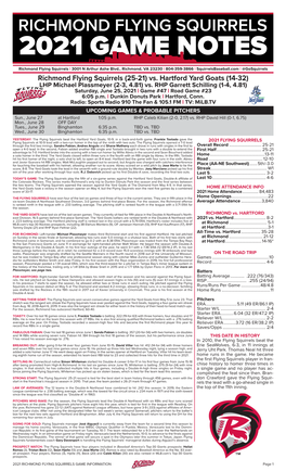 Richmond Flying Squirrels (25-21) Vs. Hartford Yard Goats (14-32) LHP Michael Plassmeyer (2-3, 4.81) Vs