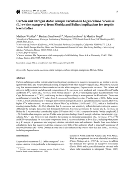 Carbon and Nitrogen Stable Isotopic Variation in Laguncularia Racemosa (L.) (White Mangrove) from Florida and Belize: Implications for Trophic Level Studies