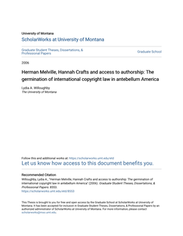 Herman Melville, Hannah Crafts and Access to Authorship: the Germination of International Copyright Law in Antebellum America