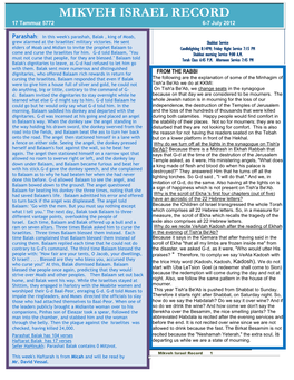 MIKVEH ISRAEL RECORD 17 Tammuz 5772 6-7 July 2012 Parashah: in This Week's Parashah, Balak , King of Moab, Grew Alarmed at the Israelites' Military Victories