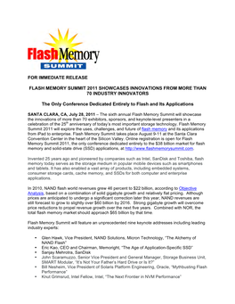 For Immediate Release Flash Memory Summit 2011