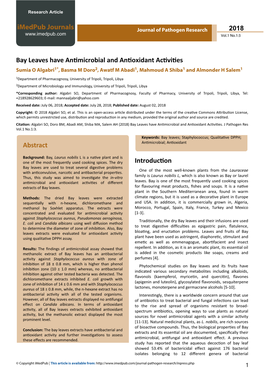 Bay Leaves Have Antimicrobial and Antioxidant Activities Sumia O Algabri1*, Basma M Doro2, Awatf M Abadi1, Mahmoud a Shiba1 and Almonder H Salem1