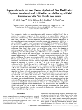 Elaphurus Davidianus), and Fertilization Rates Following Artificial Insemination with P\L=E`\Redavid's Deer Semen C