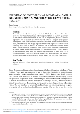 Dilemmas of Postcolonial Diplomacy: Zambia, Kenneth Kaunda, and the Middle East Crisis, –*