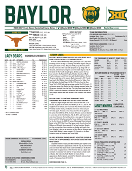 2020-2021 Lady Bears Basketball Game Notes • @Baylorwbb @Baylorwbb @Baylorwbb Baylorbears.Com GAME #18 #7/9BAYLOR (15-2, 10-1) Vs