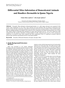 Differential Mites Infestation of Domesticated Animals and Handlers Dermatitis in Ijumu Nigeria