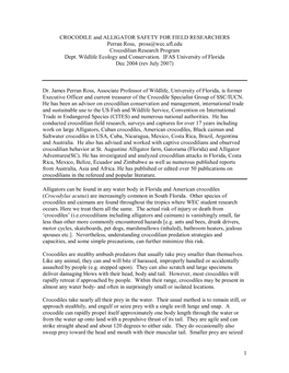 1 CROCODILE and ALLIGATOR SAFETY for FIELD RESEARCHERS Perran Ross, Pross@Wec.Ufl.Edu Crocodilian Research Program Dept. Wildli