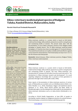 Ethno-Veterinary Medicinal Plant Species of Hadgaon Taluka, Nanded District, Maharashtra, India