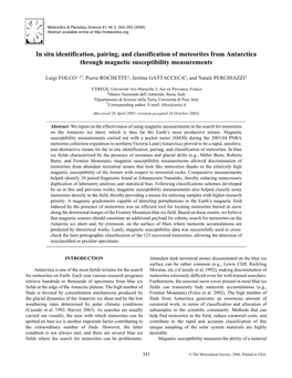 In Situ Identification, Pairing, and Classification of Meteorites from Antarctica Through Magnetic Susceptibility Measurements