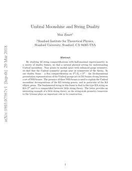 Umbral Moonshine and String Duality Arxiv:1803.07567V1 [Hep-Th]