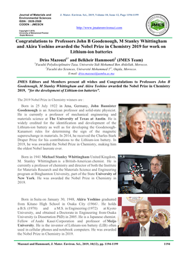 Congratulations to Professors John B Goodenough, M Stanley Whittingham and Akira Yoshino Awarded the Nobel Prize in Chemistry 2