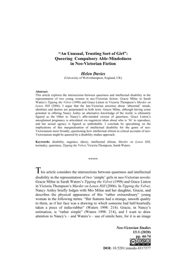 An Unusual, Trusting Sort of Girl”: Queering Compulsory Able-Mindedness in Neo-Victorian Fiction