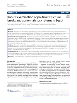 Robust Examination of Political Structural Breaks and Abnormal Stock Returns in Egypt Tarek Ibrahim Eldomiaty1*, Marwa Anwar1, Nebal Magdy1 and Mohamed Nabil Hakam2