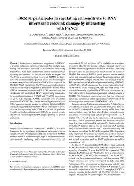 BRMS1 Participates in Regulating Cell Sensitivity to DNA Interstrand Crosslink Damage by Interacting with FANCI